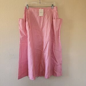 LINTICO 100% Linen A-Line Midi Skirt Sz Large Pink Pull On Elastic Waist Pockets